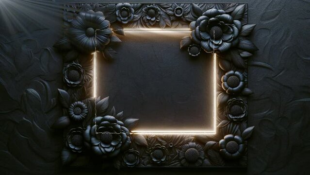 Gothic black background with flowers and neon patterned frame.