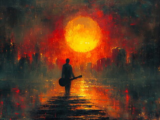 Silhouette of a walking musician with a piano at sunset. Oil painting style. Modern art concept for artists, musicians and designers. Background for wallpapers, flyers, cards, posters.