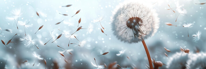 a white dandelion leaves are blowing in the air - obrazy, fototapety, plakaty