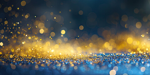 gold and blue Festive abstract Background particles defocused, Abstract blurred festive background in gold blue colors with bokeh lights.Happy New Year Celebration Sparkles Banner, space for text