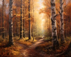 Beautiful autumn forest landscape with path and sunbeams through the trees