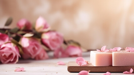 Artisanal rose-scented soap bars copy space banner surrounded by pink rose petals on a wooden table with a soft-focus floral background