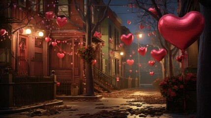 A charming street corner adorned with heart-shaped balloons and decorations on Valentine's Day