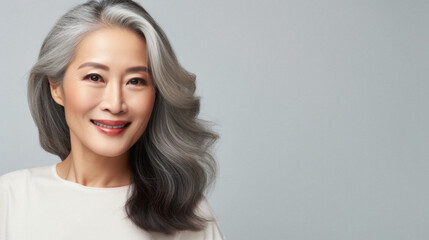Portrait of beautiful asian woman with grey hair on gray background