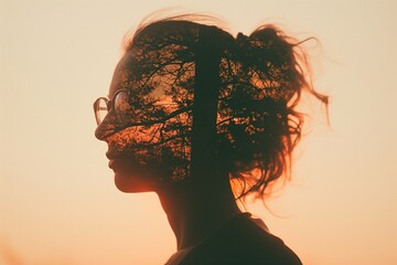 Double exposure of a female head silhouette and forest in the background.