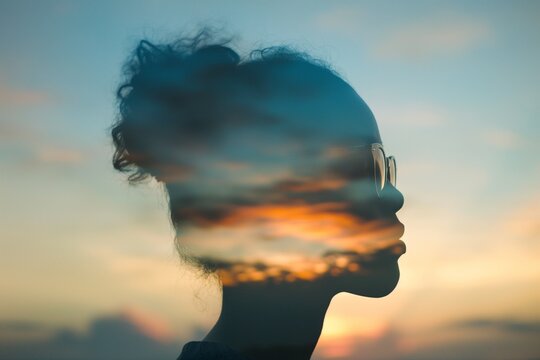 Double exposure of a female head silhouette and sunset in the background.