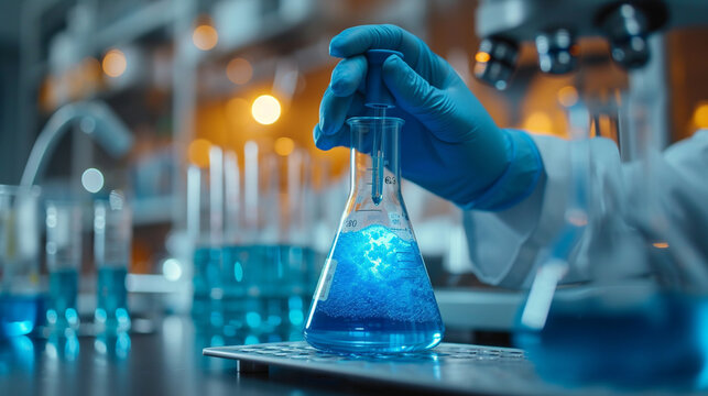 In the lab, a scientist studies a blue substance, driving medical breakthroughs for pharmaceuticals and advancing biotechnology in healthcare. Science and chemistry converge in pursuit of innovation.