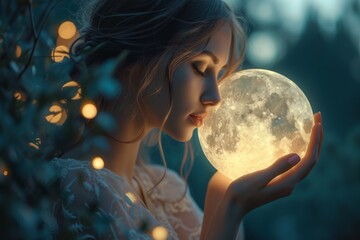 Naklejka premium Beautiful Woman Holding Circular Painting Of The Moon. Сoncept Moon Art, Lunar-Inspired Portraits, Celestial Beauty, Moon Goddess Photoshoot, Mystical Artistic Photography