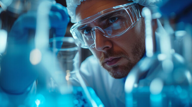 In the lab, a scientist studies a blue substance, driving medical breakthroughs for pharmaceuticals and advancing biotechnology in healthcare. Science and chemistry converge in pursuit of innovation.