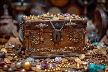 Chest Brimming With Glittering Loot Coins, Jewels, And Priceless Treasures. Сoncept Treasure Hunt Adventure, Hidden Gems, Pirate's Bounty, Riches Of The Deep Sea