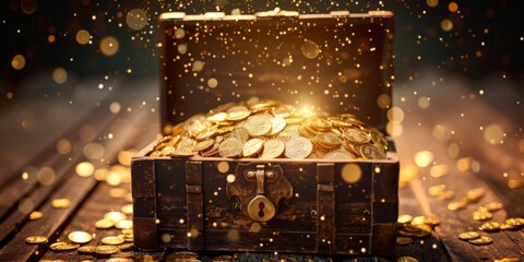 Chest Overflowing With Twinkling Gold Coins, Gleaming Fortune Awaits. Сoncept Treasure Hunt, Wealth And Prosperity, Golden Dreams, Abundance Of Gold, Sparkling Opportunities - obrazy, fototapety, plakaty