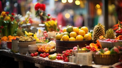 Fototapeta na wymiar Chinese New Year market stall showcasing festive fruits and decorations