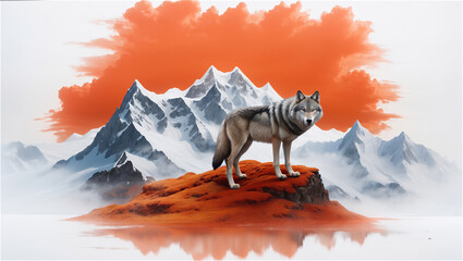 Majestic Lone Wolf Standing Before Flaming Mountains and Icy Terrain