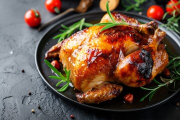 Fototapeta premium Delectable Whole Chicken, Cooked To Perfection And Drizzled With Sweet Honey Sauce. Сoncept Garden Picnic, Freshly Picked Fruits, Lush Greenery, Sun-Kissed Portraits