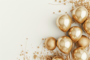 Festive Image Showcasing Gold Balloons With On Plain White Backdrop. Сoncept Gold Balloons, Festive Image, White Backdrop, Eye-Catching, Party Decor