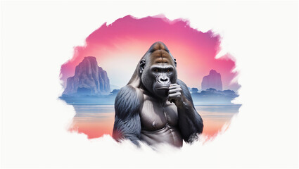Majestic Gorilla Poses Thoughtfully Against a Vibrant Sunset Backdrop With Mountain Silhouettes