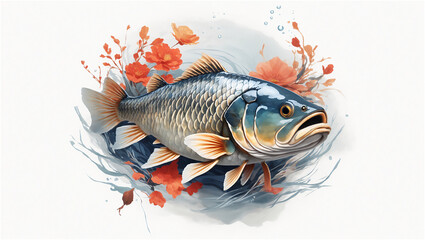 Elegant Illustration of a Single Fish Surrounded by Coral in a Tranquil Underwater Scene