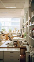 Fototapeta na wymiar Interior of modern office with furniture and equipment. Blurred background