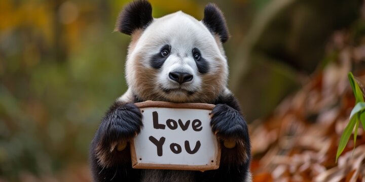 Panda Holds Sign That Says Love You In Heart Shape. Сoncept Animal Love, Heartfelt Gestures, Cute Pandas, Sign Language Of Affection