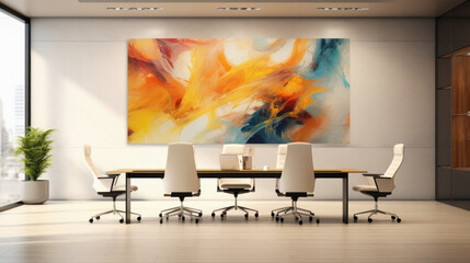 Modern conference room interior with empty poster on wall. Mock up,  Rendering