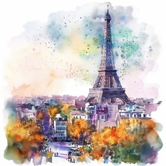 Colorful Eiffel Tower Paris France watercolor painting Abstract background. Ai art.