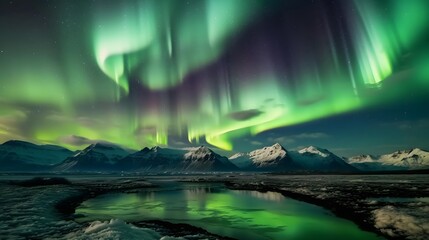 Aurora borealis, northern lights over the fjord and mountains - obrazy, fototapety, plakaty