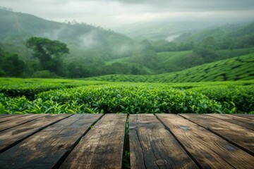 Fototapeta na wymiar Rustic Tabletop Showcasing Lush Tea Plantation Background For Product Presentation. Сoncept Lush Tea Plantation, Rustic Tabletop, Product Presentation, Background, Tea
