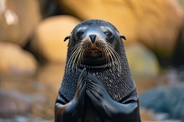 Seal Claps Its Flippers, With Heartshaped Marking On Its Fur. Сoncept Animal Behavior, Seal Characteristics, Unique Animal Markings