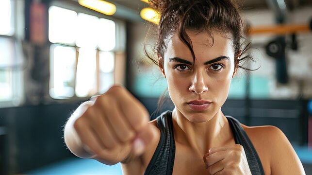 Caucasian woman in boxing gym. Self defense concept. The woman's dedication to self-defense shines through as she combines precision and strength in her boxing workouts.