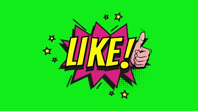 LIKE! comic text animation on green screen background. LIKE! pop art in comic style. cartoon bubble explosion. animated cartoon comic strip with the words LIKE!