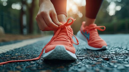 Close-up of hands tying red shoe laces on a running shoe on a road.