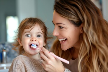 Young Child And Her Mother Smiling While Brushing Their Teeth. Сoncept Toothbrushing Routine, Dental Hygiene, Mother-Daughter Bonding, Healthy Smiles, Daily Oral Care