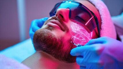 Man with a beard getting a pink light facial therapy wearing protective glasses.