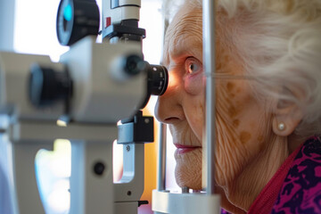 Woman oculist examining old woman sight with ophthalmic tool in modern hospital clinic. Optician...
