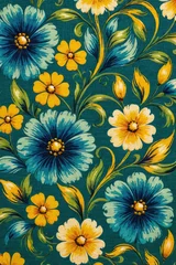 Foto op Canvas Vintage Floral Pattern,  Vintage Retro color themed Flowers and Leaves Design Pattern © Pixels 