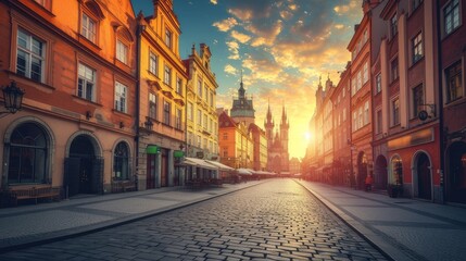 Old town in Europe at sunset with retro vintage Instagram style filter effect