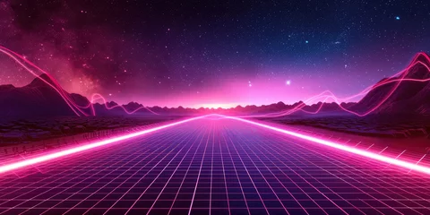 Foto op Canvas colorful background of a grid with pink and purple lines,, 3d abstract neon background, geometric background with polygonal structure, cyber space virtual reality, © Planetz