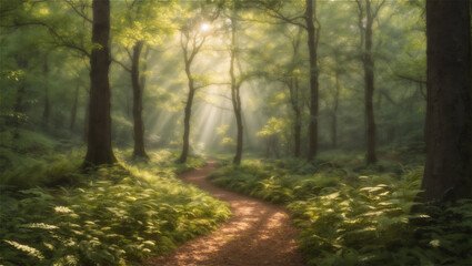 Fototapeta premium Serene Morning Light Filtering Through The Canopy of A Lush Forest Path