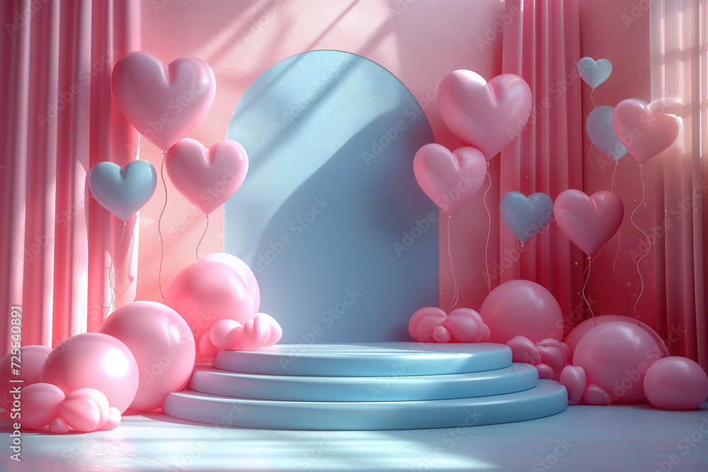Poster 3d empty product display podium designed for presentations. a sophisticated display of pastel pink a