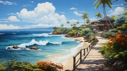 Palm trees on the beach, panoramic seascape - obrazy, fototapety, plakaty