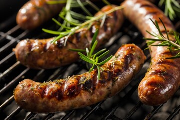 Bavarian Sausages Sizzling On The Grill, Seasoned With Fresh Rosemary. Сoncept Authentic Bavarian Cuisine, Grilled Sausages, Fresh Rosemary Seasoning, Mouthwatering Aromas