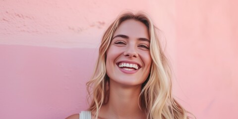 Obraz premium Blonde Woman With Captivating Smile And Radiant Energy Against Pastel Backdrop. Сoncept Candid Moments, Nature Inspired Shoot, Studio Lighting And Poses, Ethnic Fashion, Seaside Photoshoot
