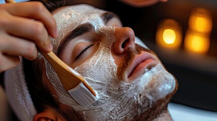 Close-up of a facial mask being applied to a man's face with candles in the background. - Powered by Adobe