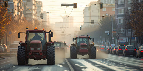 tractors driving down a road on a city street