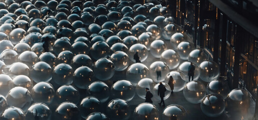 people in the city walk inside the balls. The concept of isolation from society, aura and spherical energy protection.