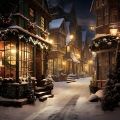 Winter night in the village. Christmas and New Year concept. Christmas background.