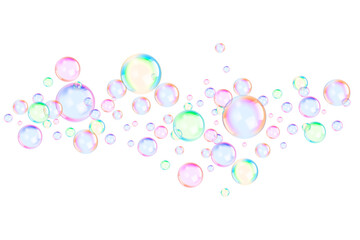 Flying multi-colored soap bubbles isolated on a transparent background.