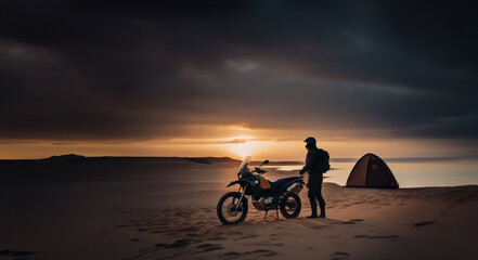 travel by motorcycle, motorcycle on the seashore with a tent at sunset.