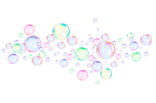 Flying multi-colored soap bubbles isolated on a transparent background.