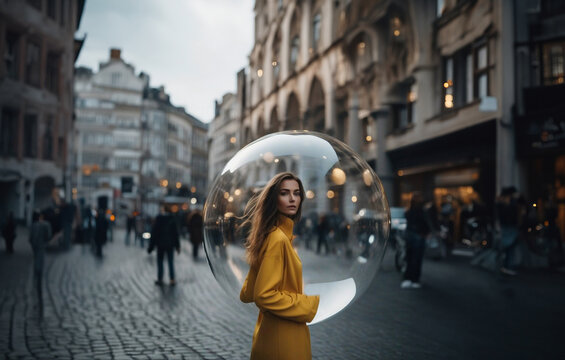 woman on the subway among people isolated herself in a transparent ball. The concept of aura and energetic psychological protection.